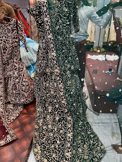 Green Designer Peplum long Dress Farshi Gaharara Pakistani Bridal Dress Muslim Special