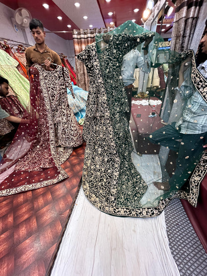 Green Designer Peplum long Dress Farshi Gaharara Pakistani Bridal Dress Muslim Special