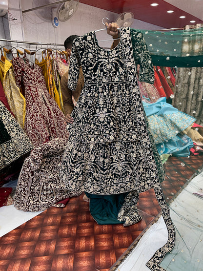 Green Designer Peplum long Dress Farshi Gaharara Pakistani Bridal Dress Muslim Special