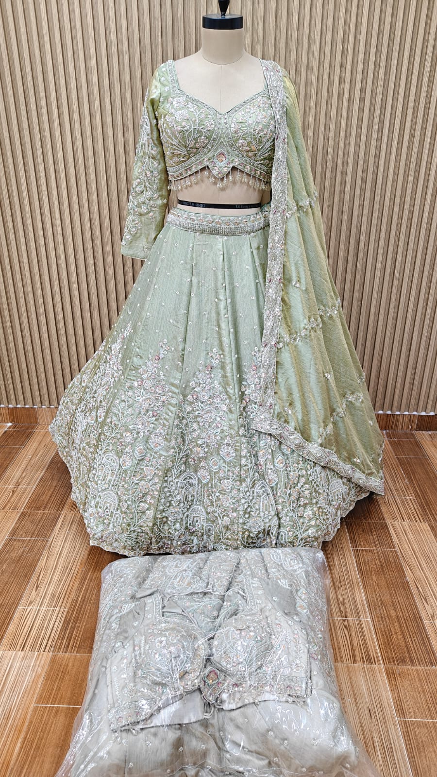 Green  white crop top Lehenga
