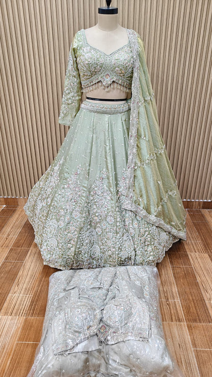 Green  white crop top Lehenga