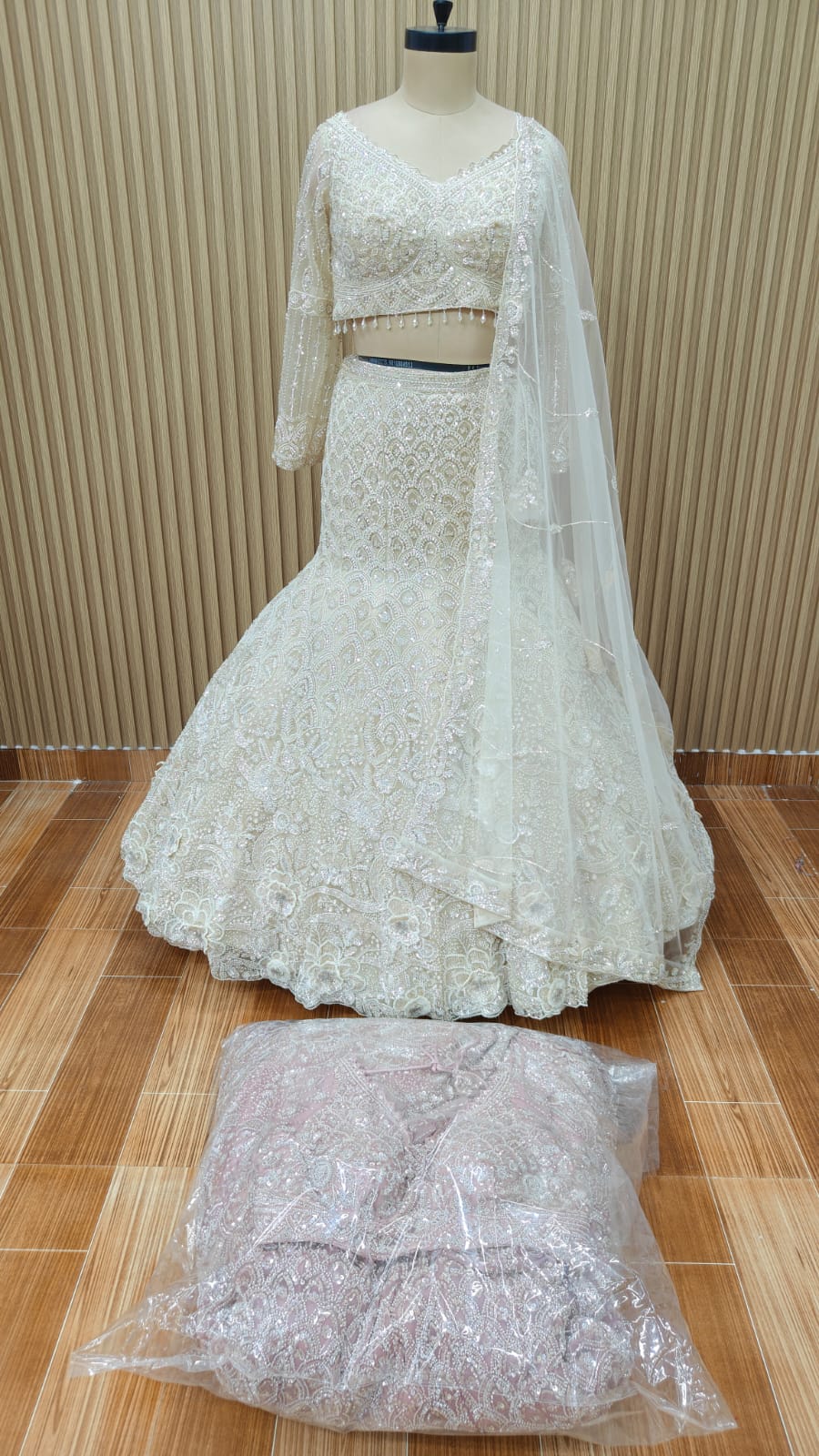 Pink white fish cut crop top Lehenga