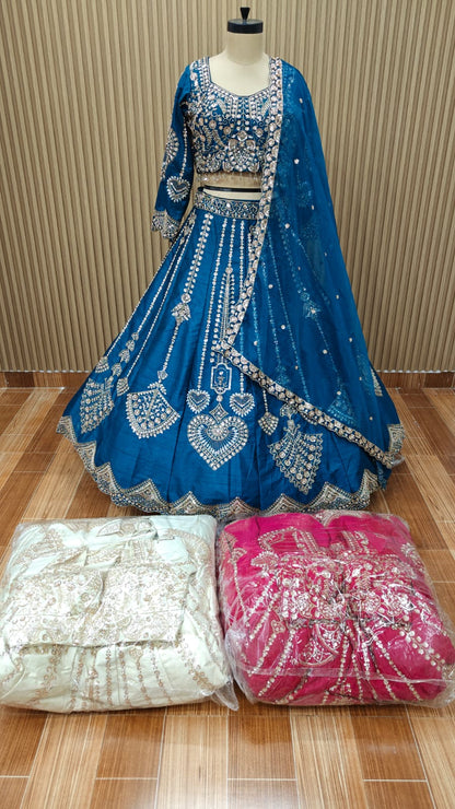 Blue white pink crop top Lehenga