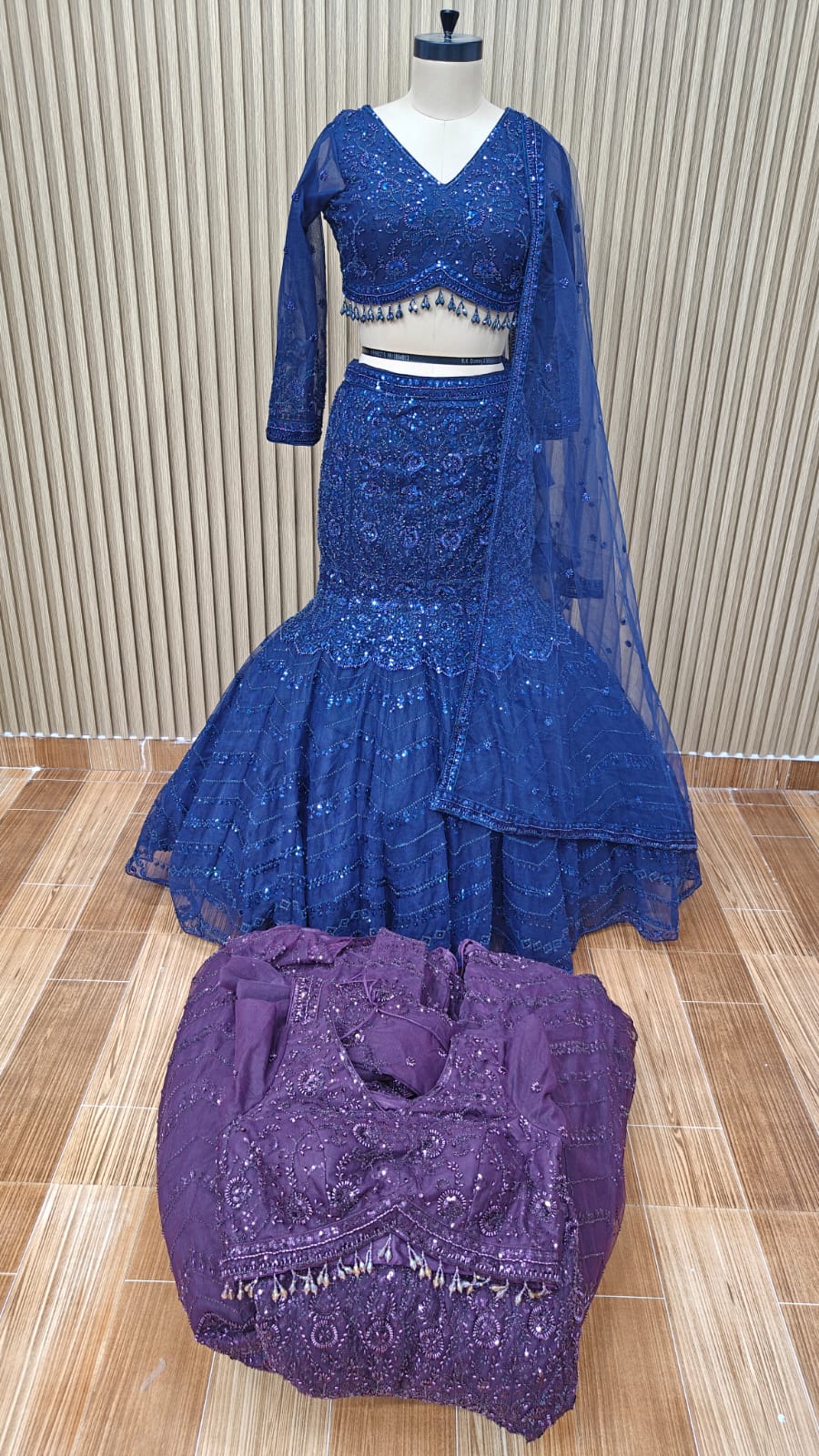 Blue fish cut crop top Lehenga