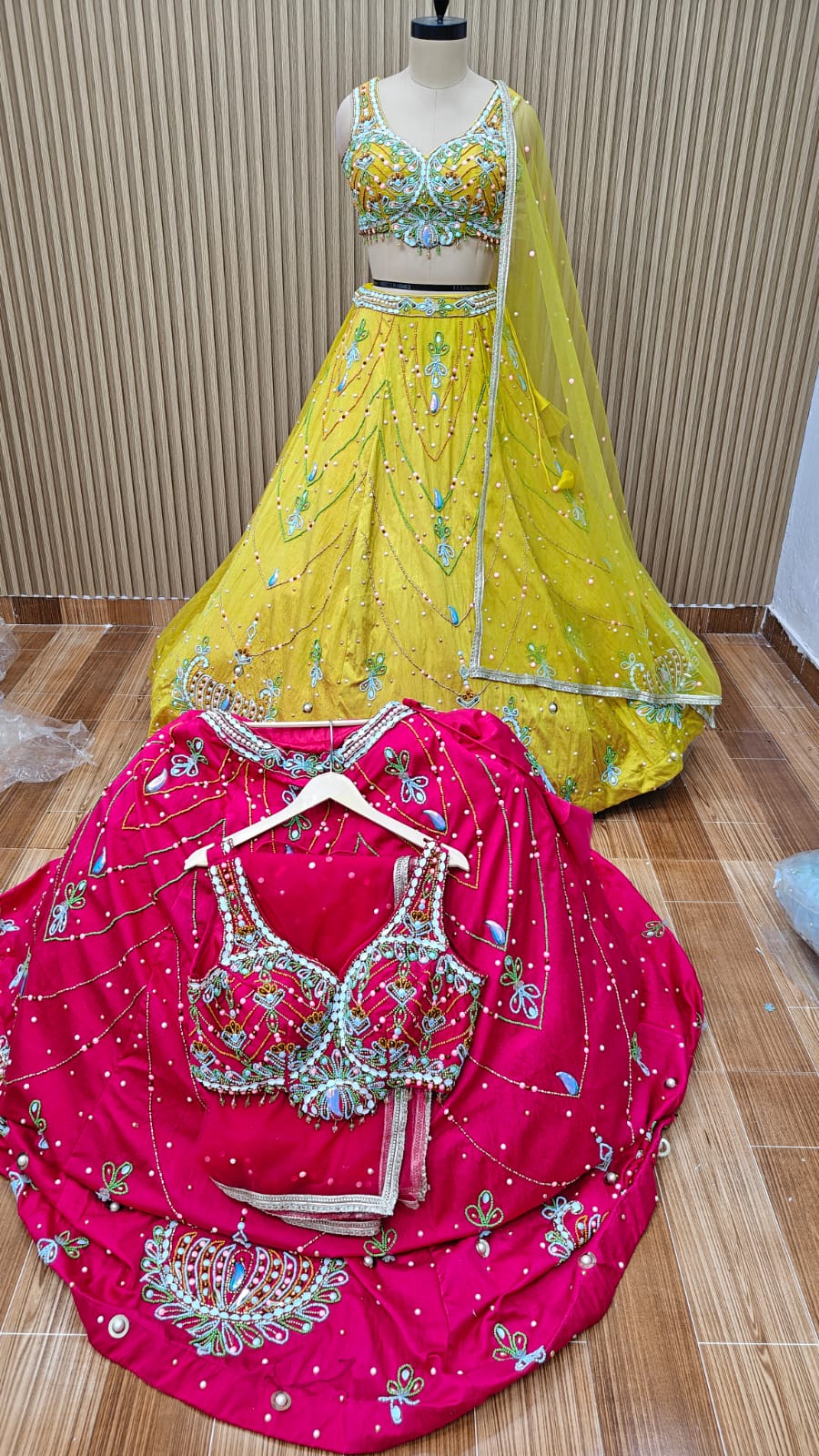 Yellow pink crop top Lehenga