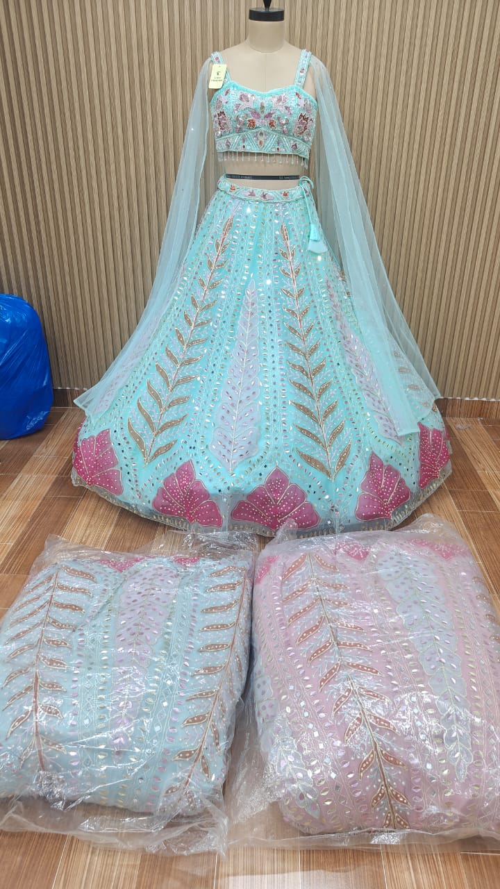 Blue green pink green crop top Lehenga