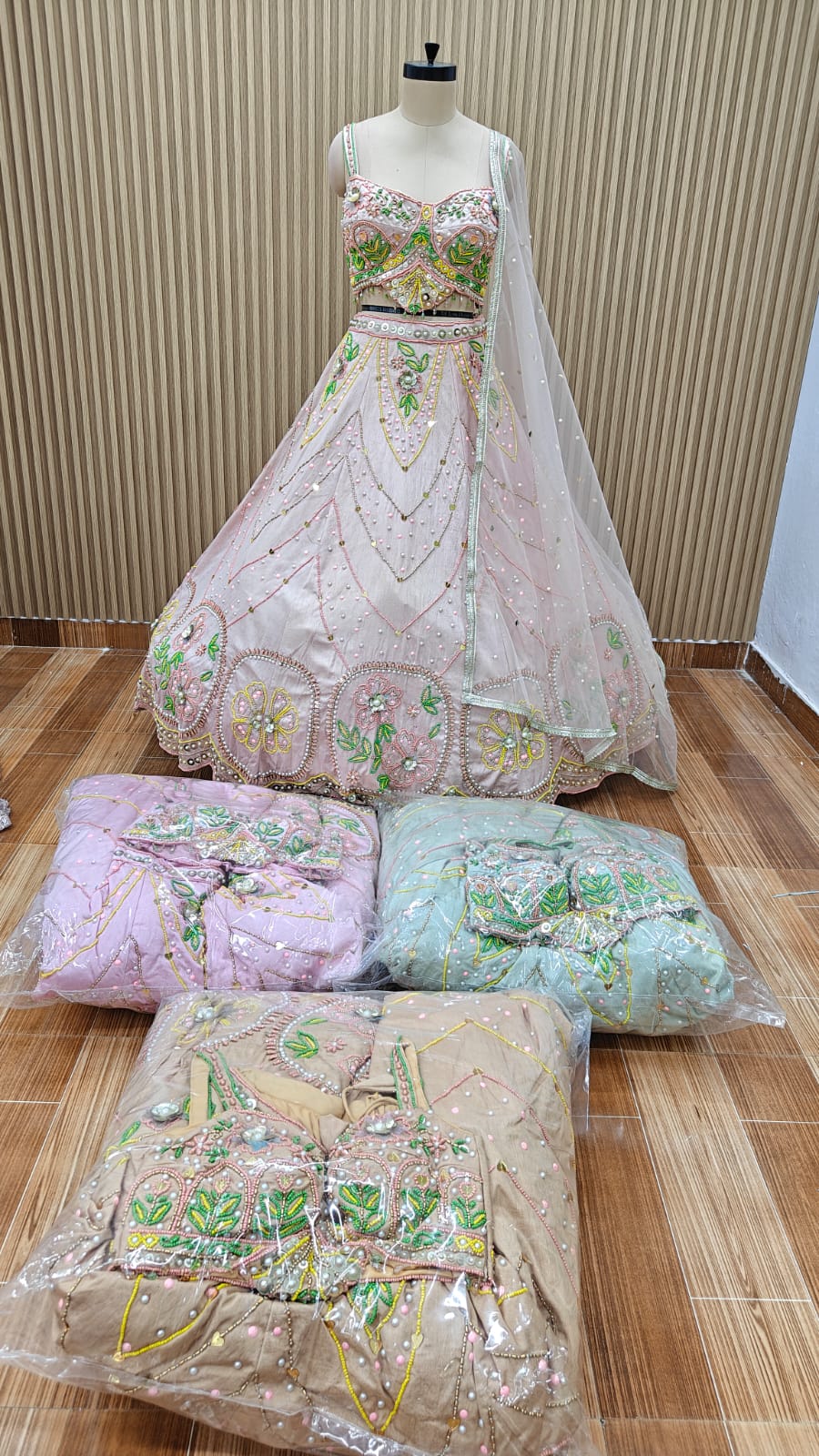 Pink blue brown crop top Lehenga