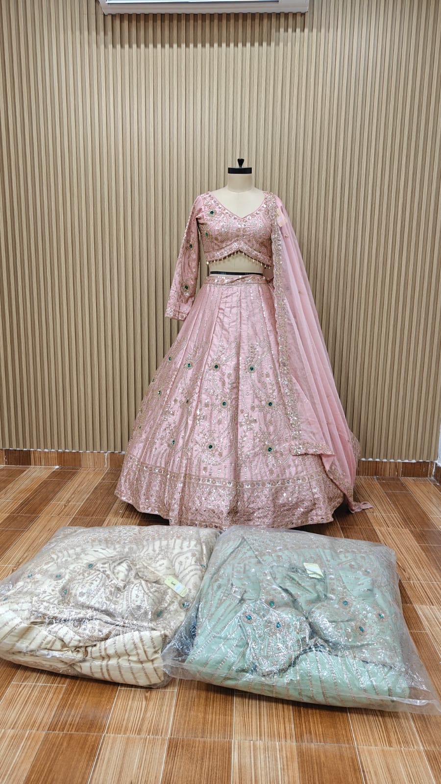 pink green white crop top Lehenga
