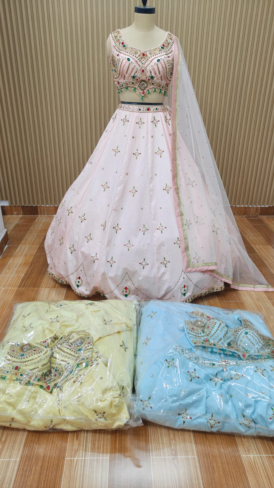 pink green blue crop top Lehenga