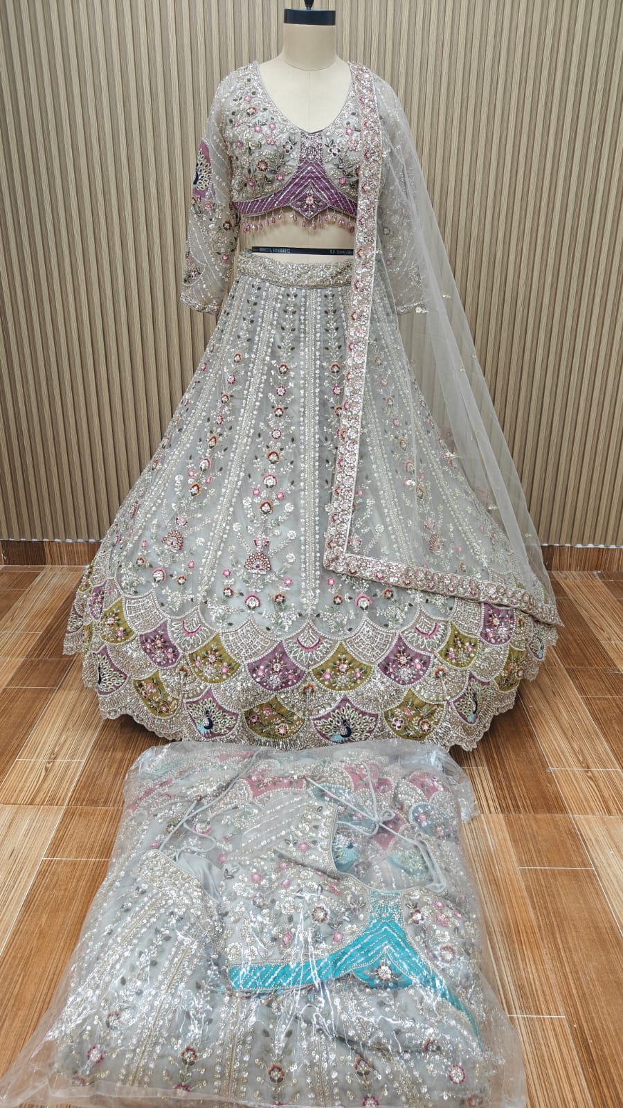 Off White pink blue crop top Lehenga