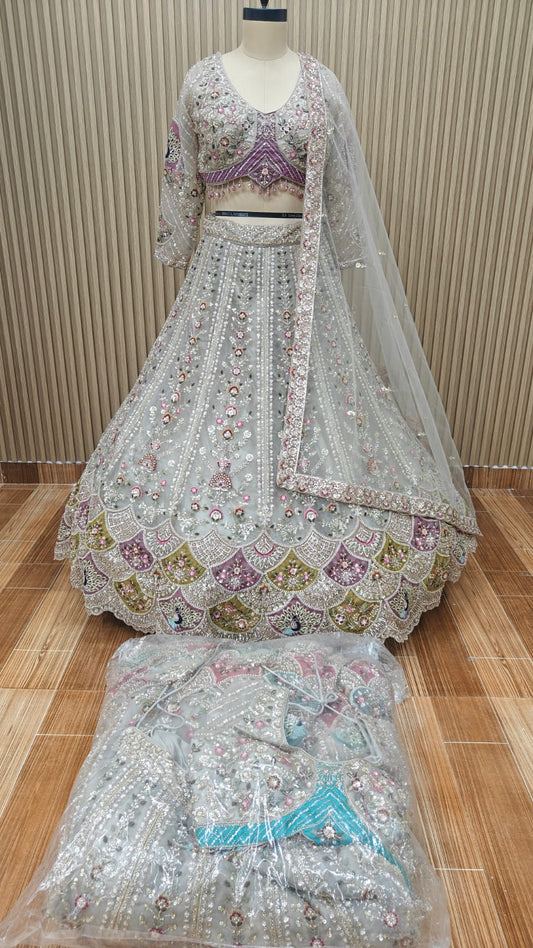 Off White pink blue crop top Lehenga