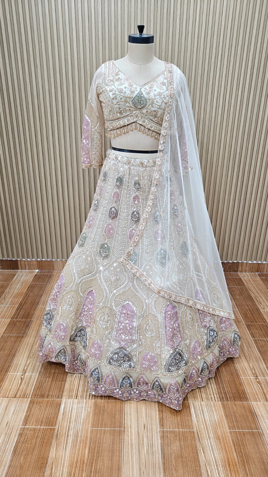 Golden green pink crop top Lehenga