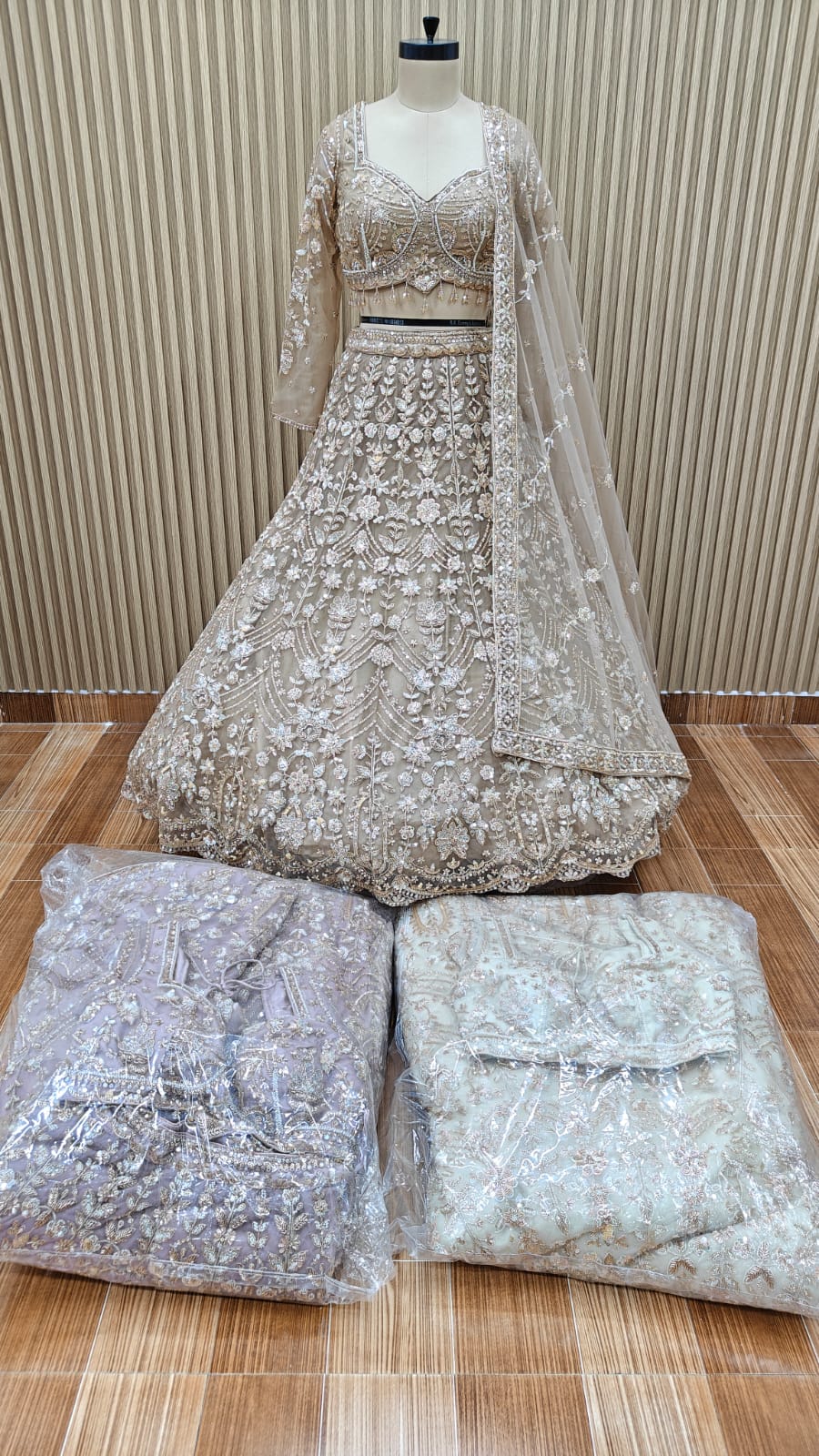 Golden lavender sky blue  crop top Lehenga
