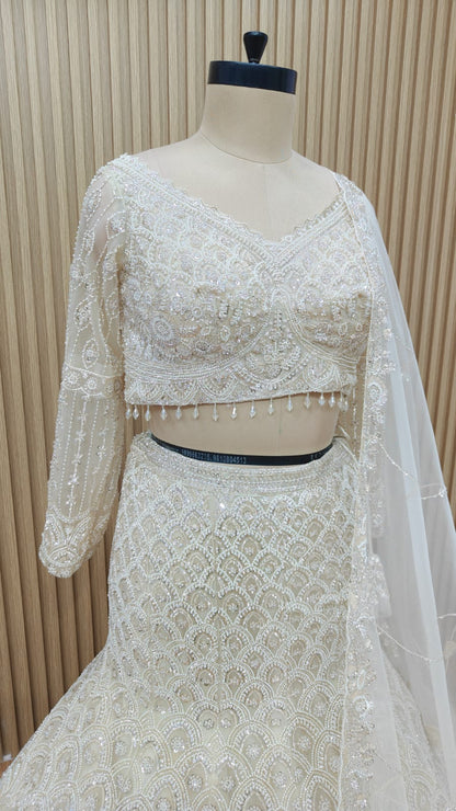 white fish cut crop top Lehenga