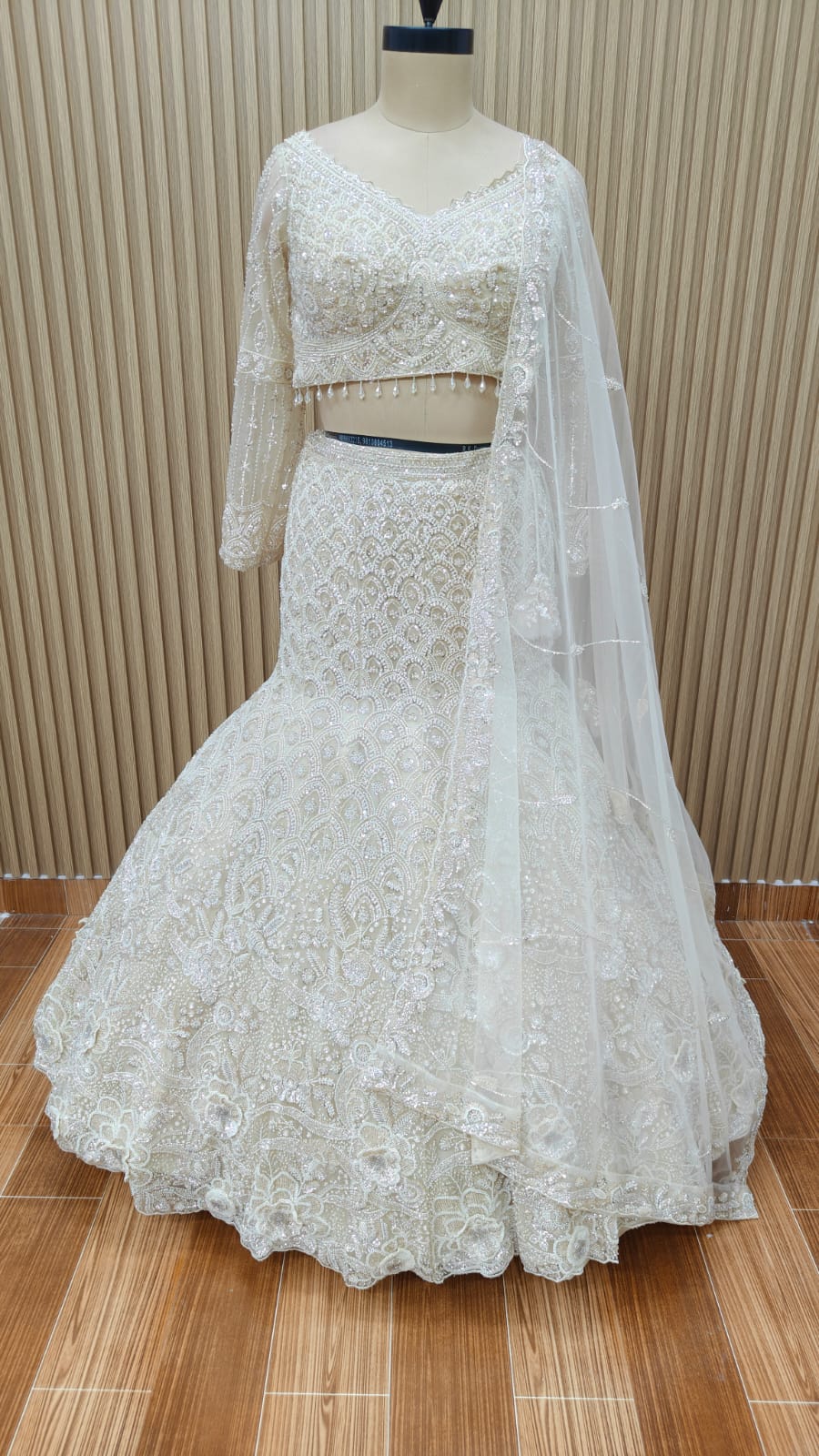 white fish cut crop top Lehenga