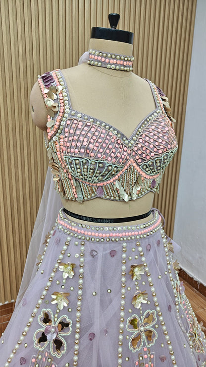 Lavender brown green crop top Lehenga