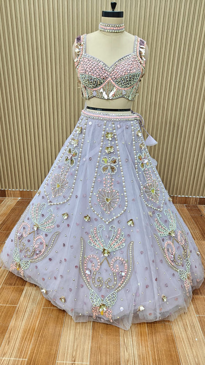 Lavender brown green crop top Lehenga