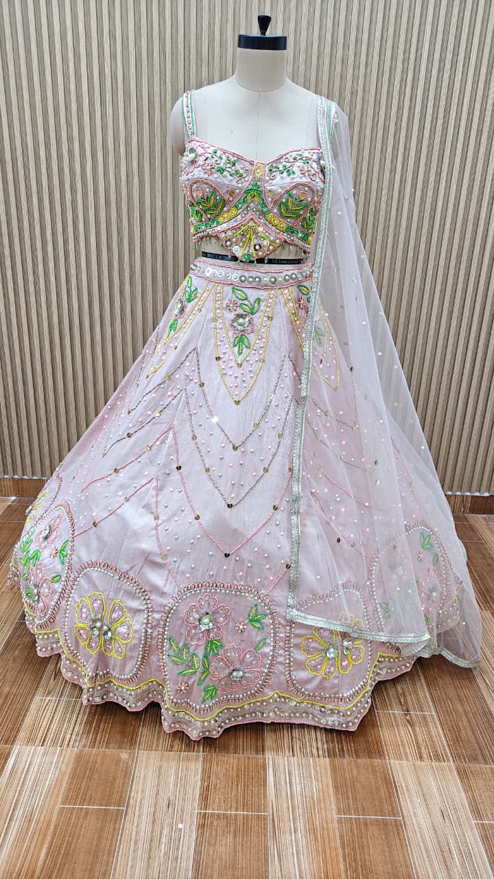 Pink blue brown crop top Lehenga