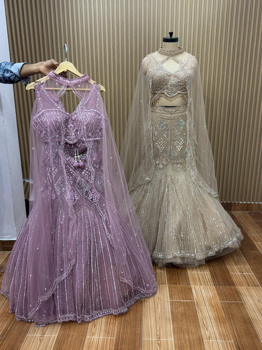 golden pink fish cut crop top Lehenga