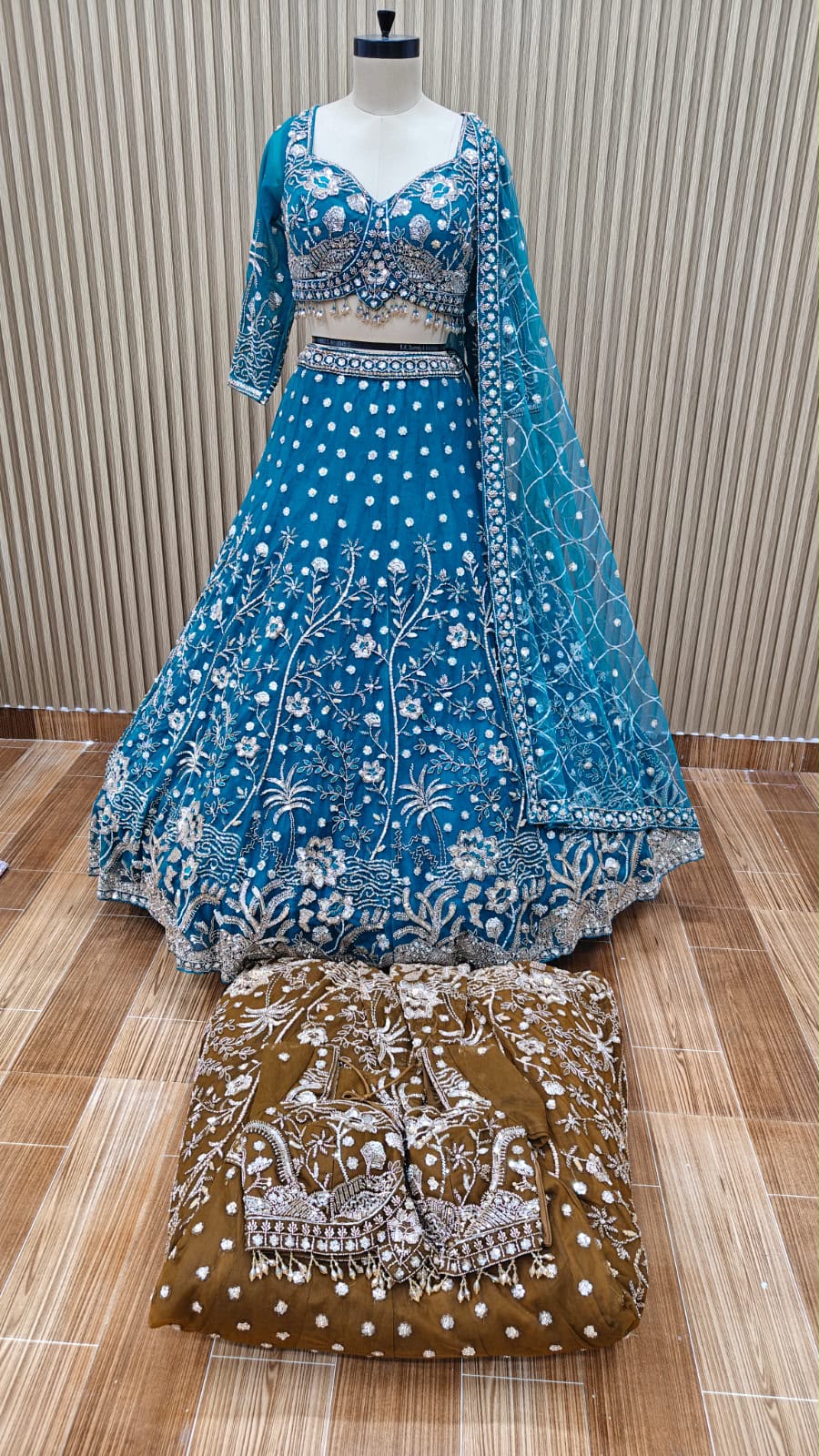 Brown blue crop top Lehenga