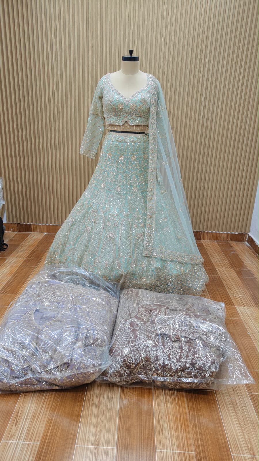 Green brown Lavender crop top Lehenga