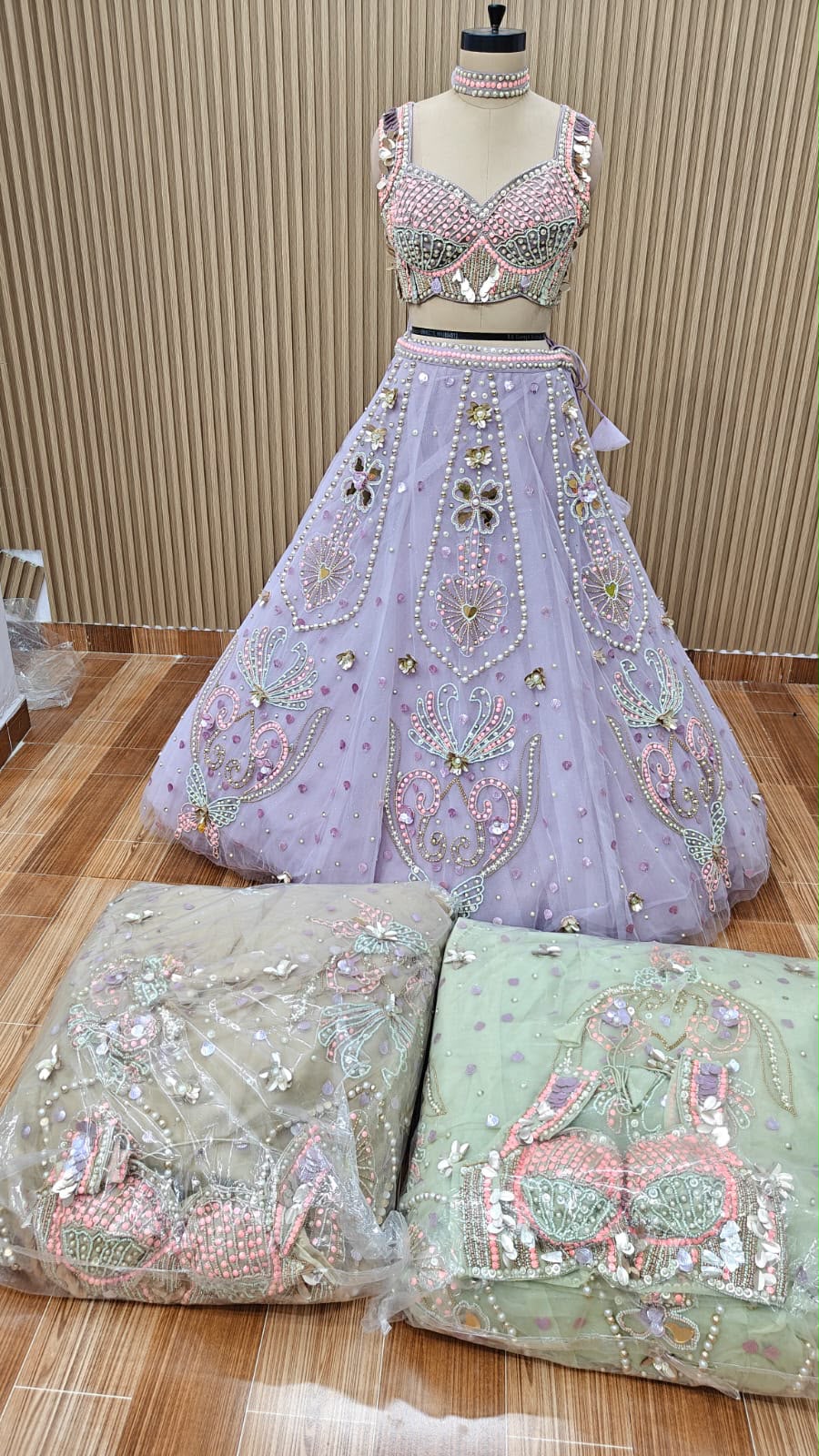 Lavender brown green crop top Lehenga