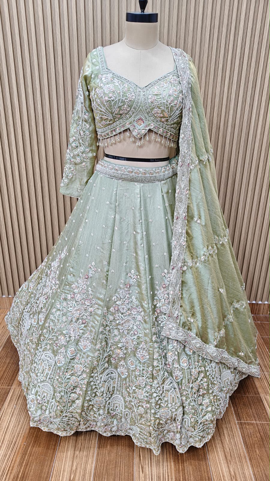 Green  white crop top Lehenga