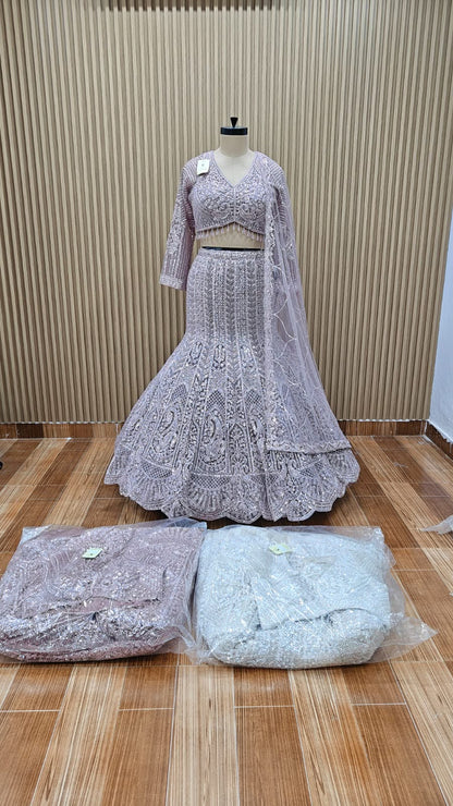 Pink white fish cut crop top Lehenga
