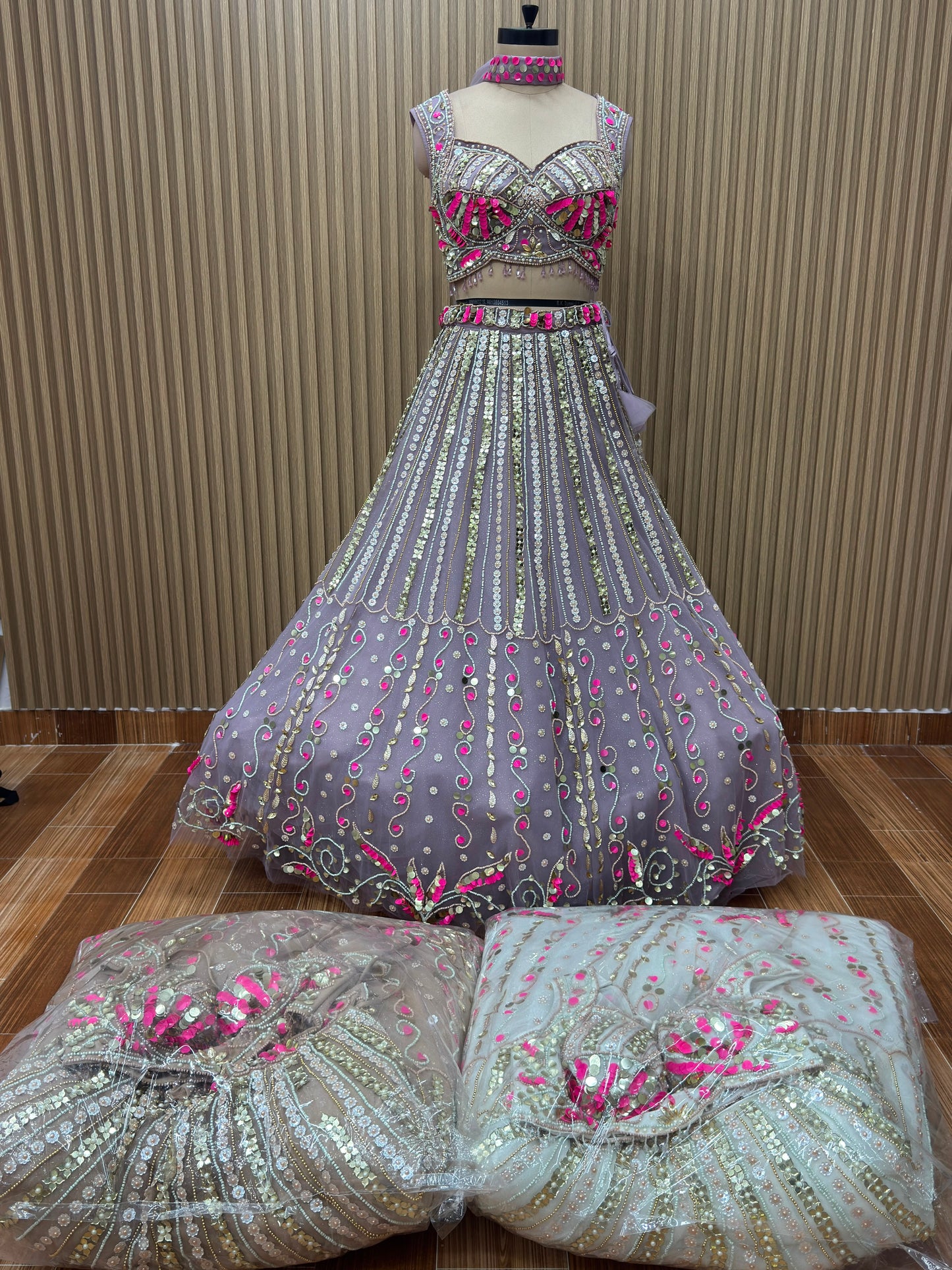 Lavender brown white crop top Lehenga