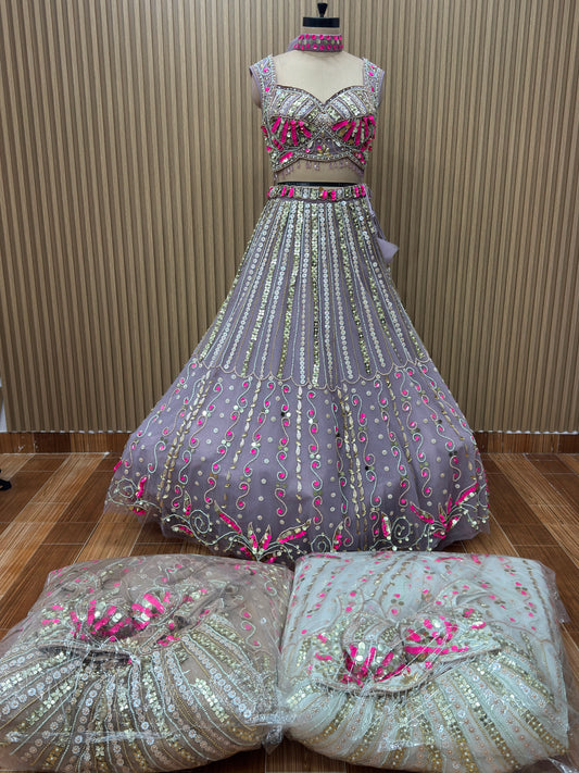 Lavender brown white PDP crop top Lehenga