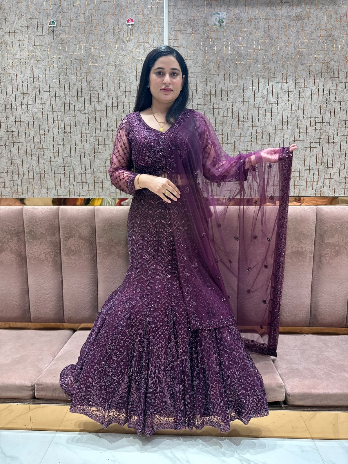 Purple fish cut crop top lehenga