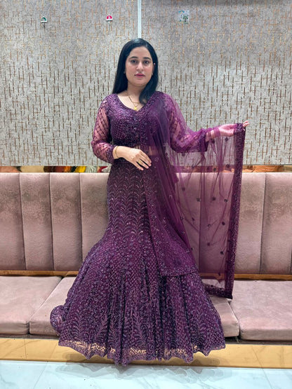 Purple fish cut crop top lehenga