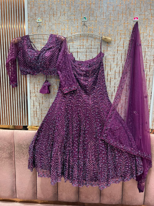 Purple fish cut crop top lehenga