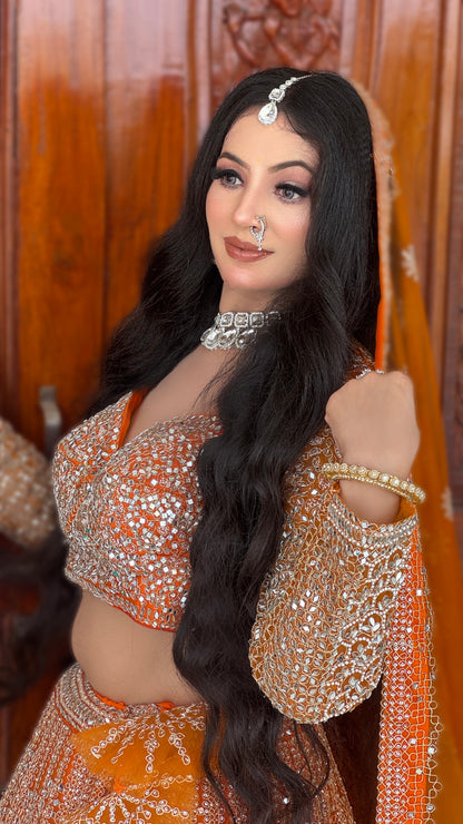 Good looking orange mirror work crop top Lehenga