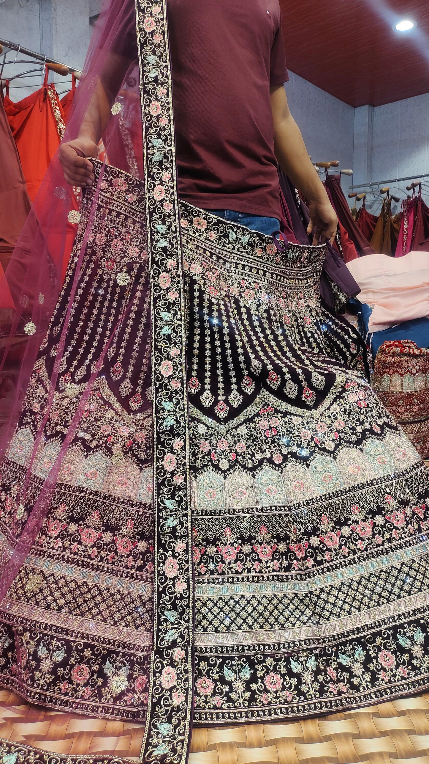 Gorgeous Jhumka Maroon Lehanga