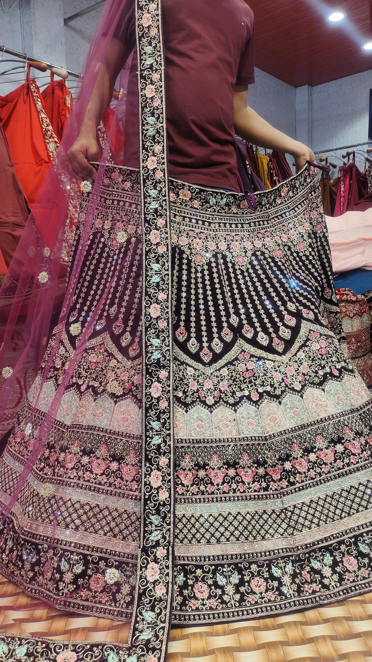 Gorgeous Jhumka Maroon Lehanga