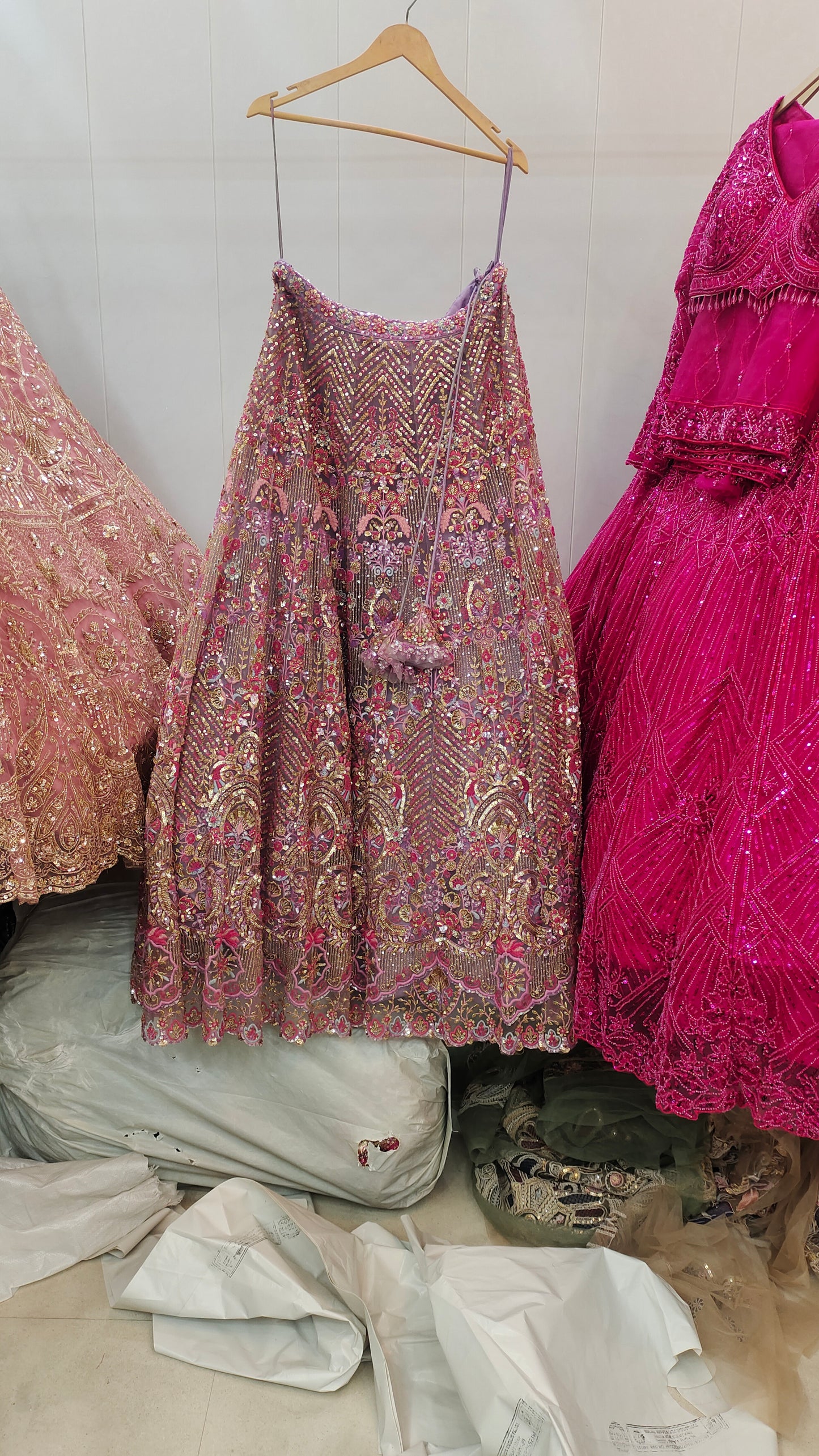 Stunning beige pink beads crop top Lehenga