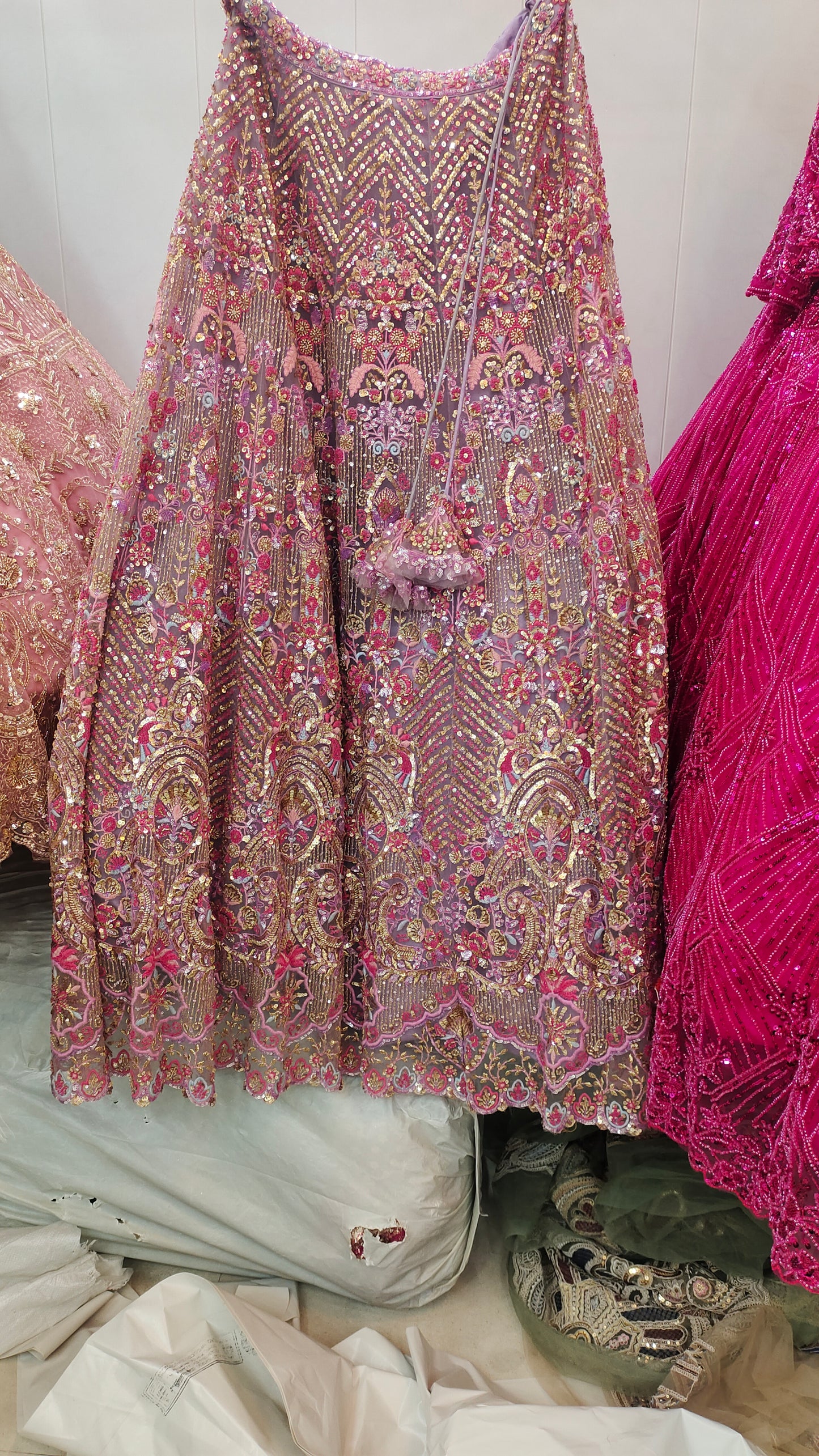 Stunning beige pink beads crop top Lehenga