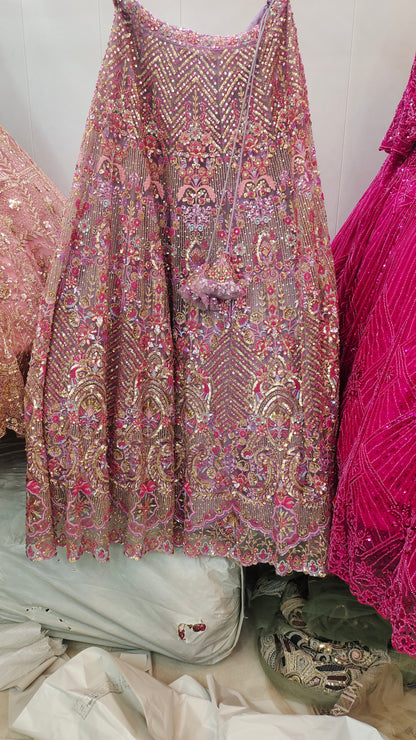 Stunning beige pink beads crop top Lehenga