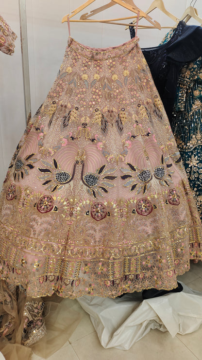 Embellished Sky blue peacock crop Top Ready To Wear Lehenga