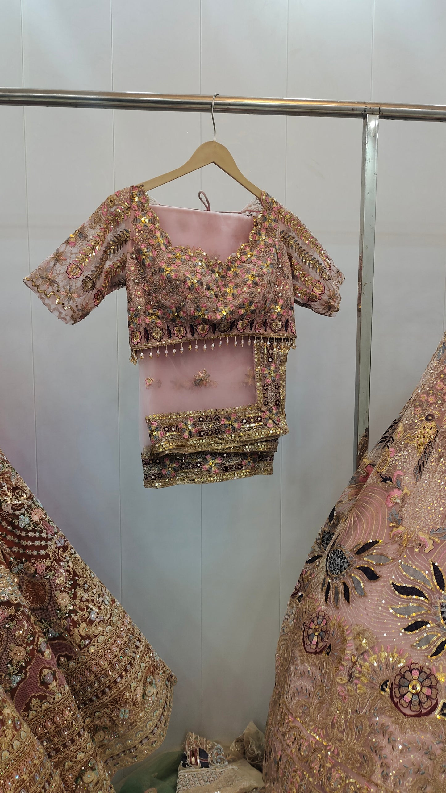 Embellished Sky blue peacock crop Top Ready To Wear Lehenga