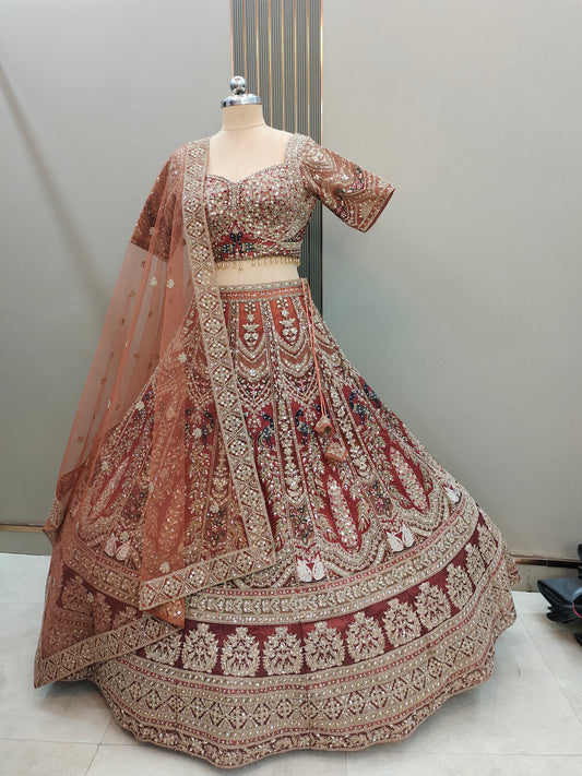 Embellished orange mustard peacock Ready to wear Crop top Lehenga