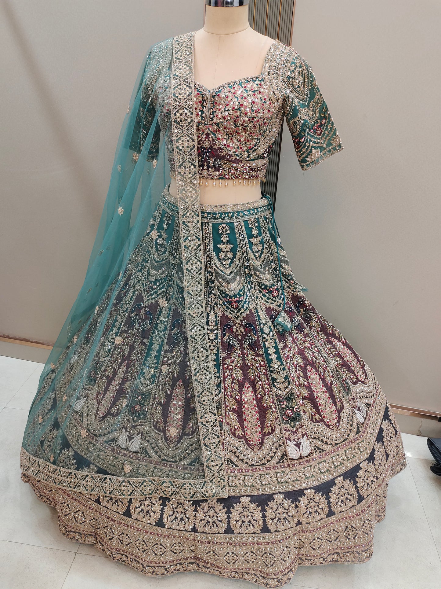 Pleasing Sea green peacock Ready to wear Crop top Lehenga