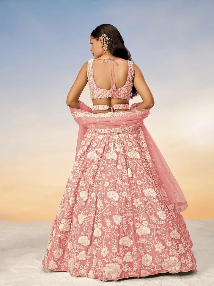 White Color Sequined Chinon Embroidered Semi-Stitched Lehenga choli green Lehenga