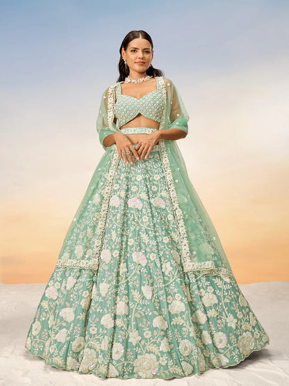White Color Sequined Chinon Embroidered Semi-Stitched Lehenga choli green Lehenga