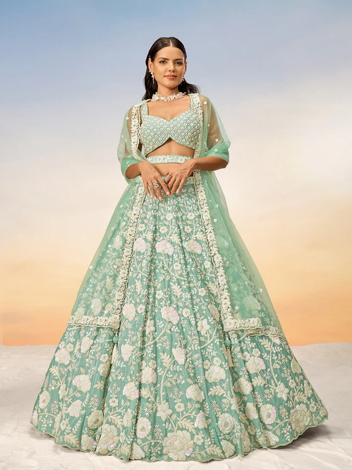 White Color Sequined Chinon Embroidered Semi-Stitched Lehenga choli green Lehenga