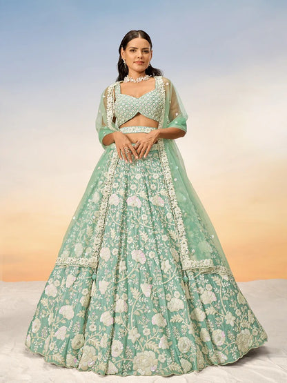 White Color Sequined Chinon Embroidered Semi-Stitched Lehenga choli green Lehenga