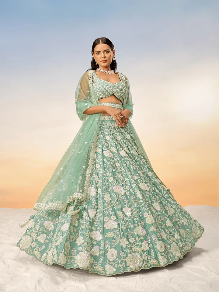 White Color Sequined Chinon Embroidered Semi-Stitched Lehenga choli green Lehenga