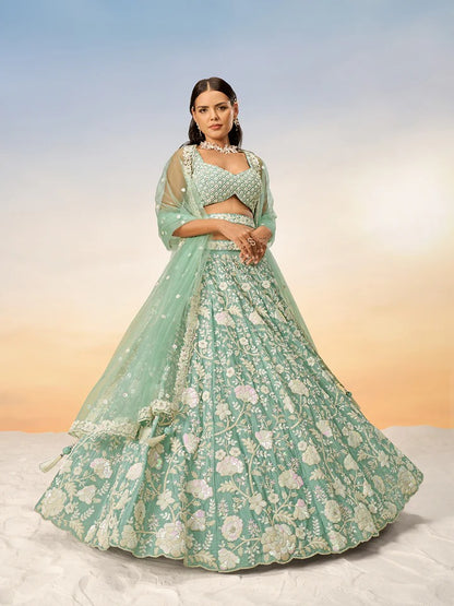 White Color Sequined Chinon Embroidered Semi-Stitched Lehenga choli green Lehenga
