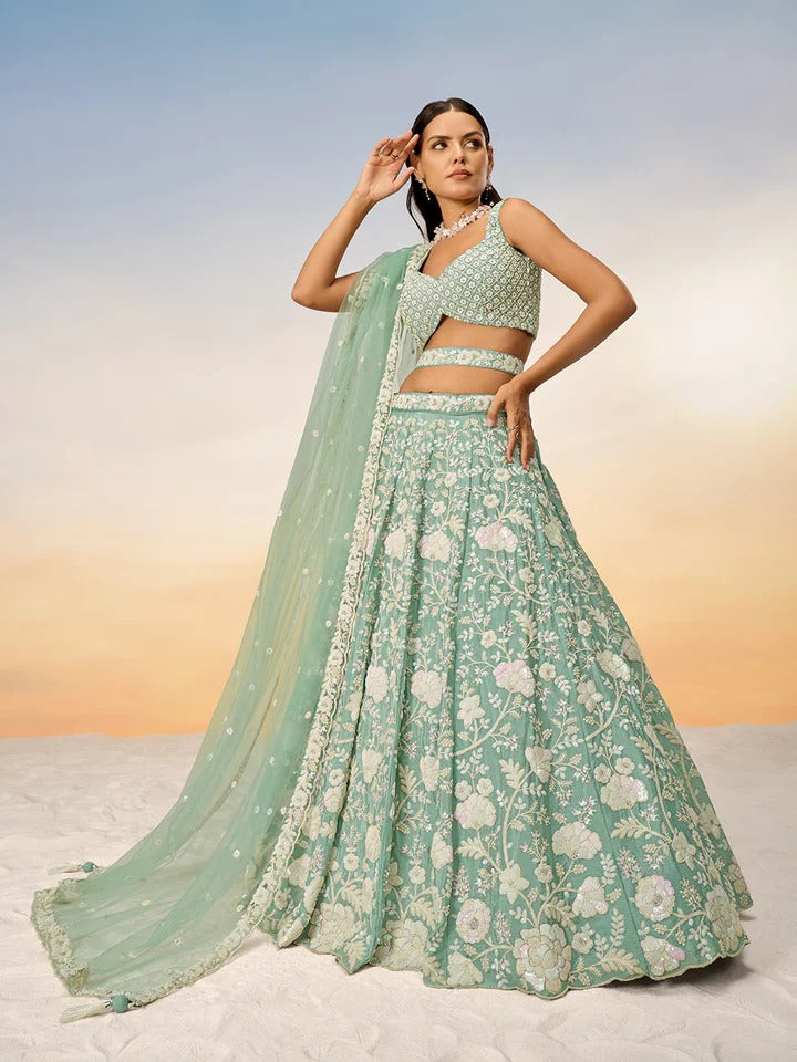 White Color Sequined Chinon Embroidered Semi-Stitched Lehenga choli green Lehenga